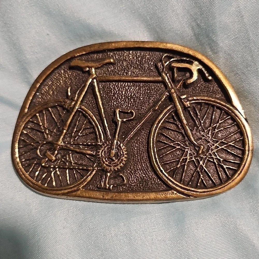 Vintage Brass Belt Buckle Racer Bicycle 1978 BTS 70s 3.25x2.25
